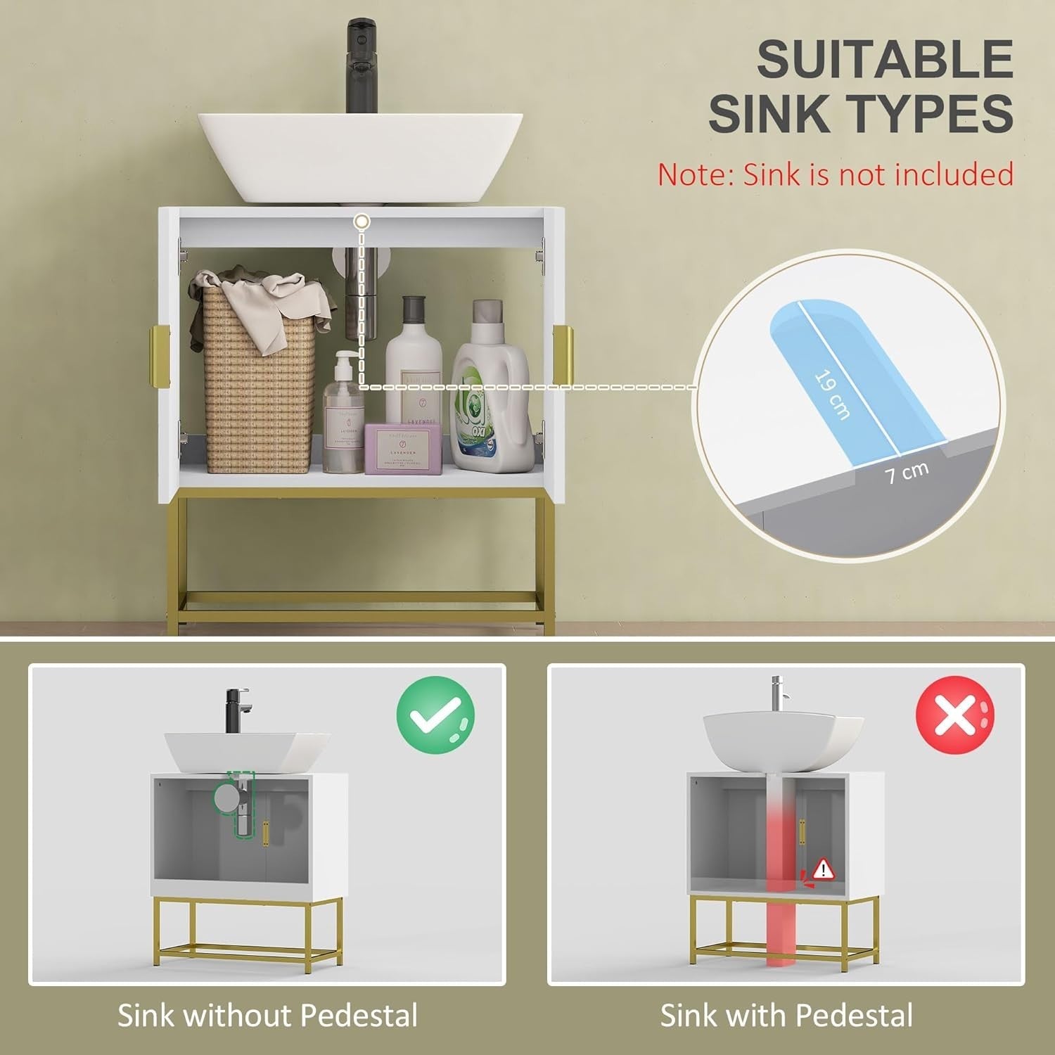 Modern Under Sink Bathroom Cabinet White Storage Unit Gold Legs 60x65cm