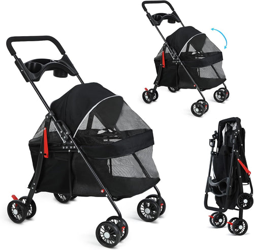 Pet Stroller for Dogs & Cats 4 Wheel Foldable Travel Pram Brake Mesh