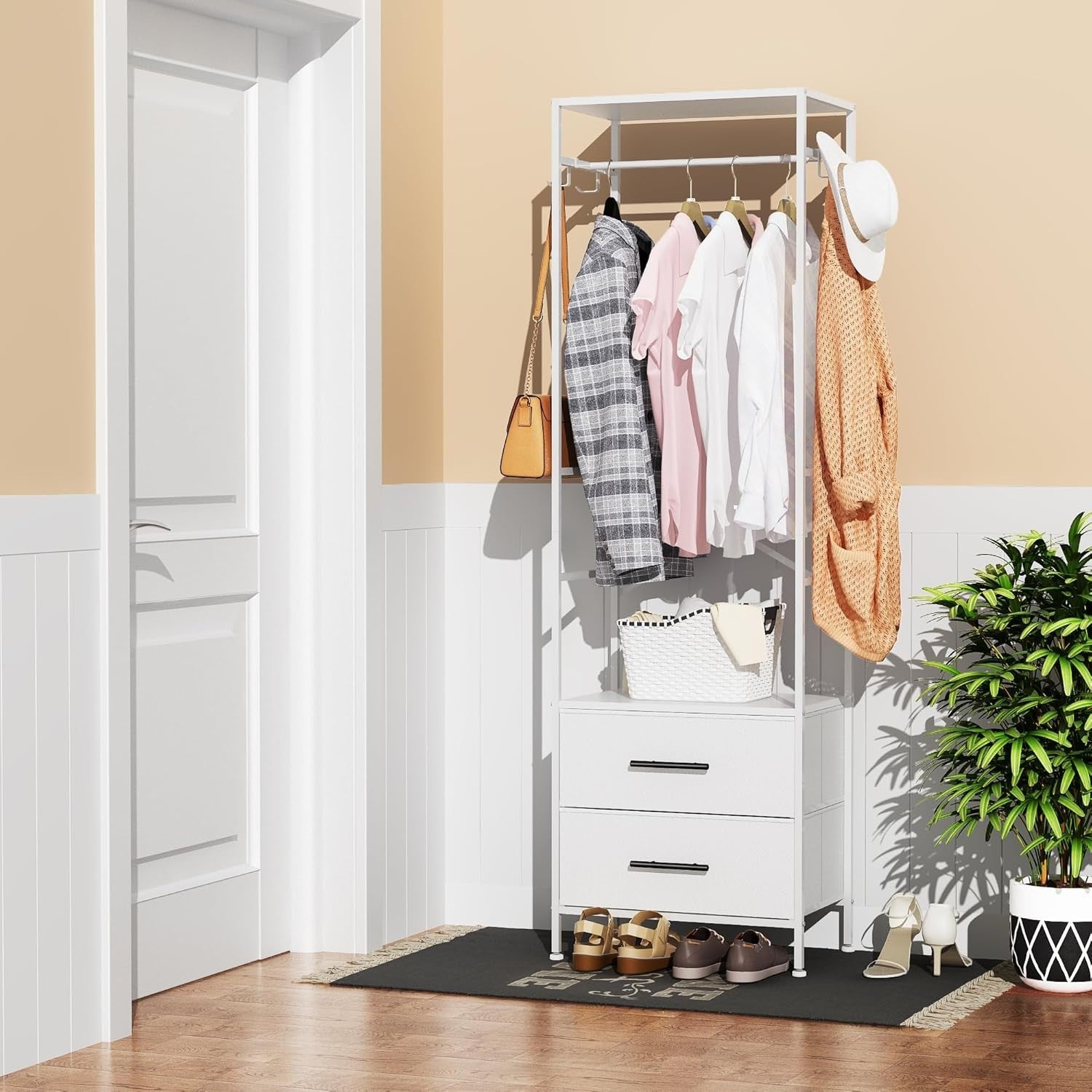 Open Wardrobe Clothes Rail 2 Drawers with Hooks White