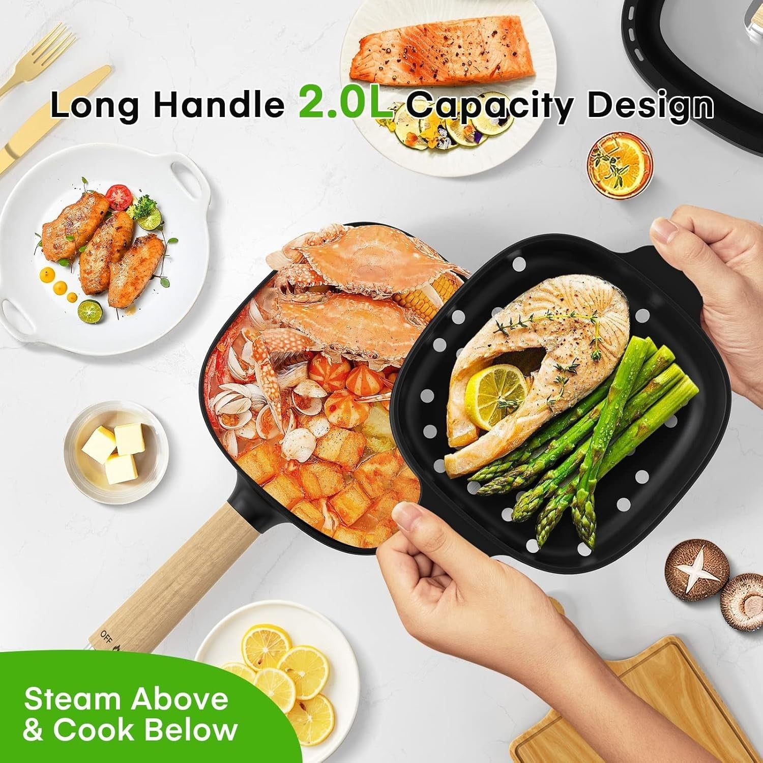 Electric Hot Pot Multi-Cooker 2L Ceramic Non-Stick Pan with Steamer Lid