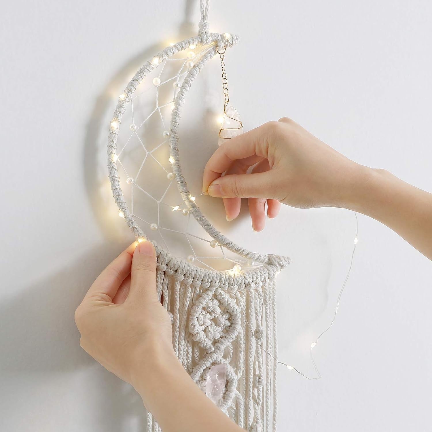 Boho Macrame Moon Wall Hanging White Crystal Dreamcatcher Decor
