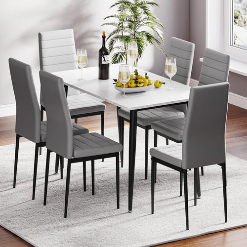 6 Seat Marble Dining Table Set Faux Leather Chairs Modern Kitchen 120cm
