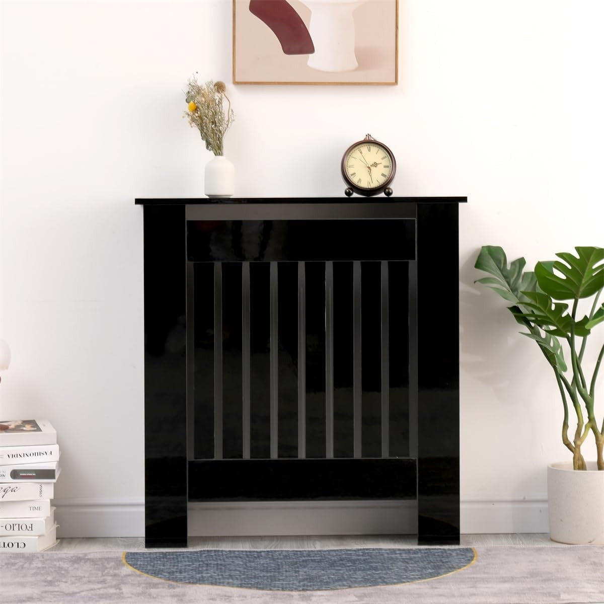 High Gloss Black Radiator Cover Small Modern Slatted Heating Cabinet 78cm