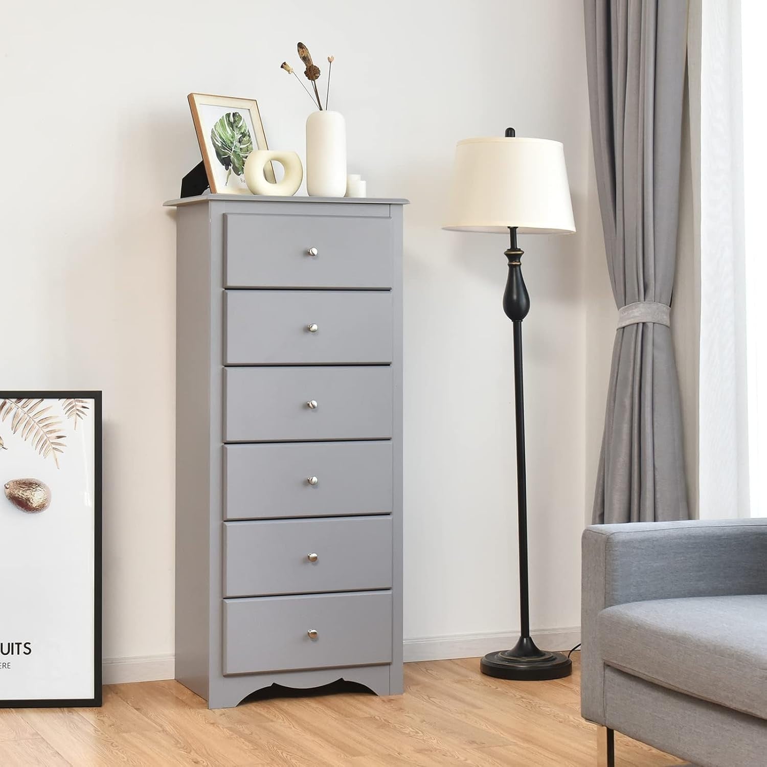 6-Drawer Tall Narrow Dresser Cabinet for Bedroom Storage Organizer Grey