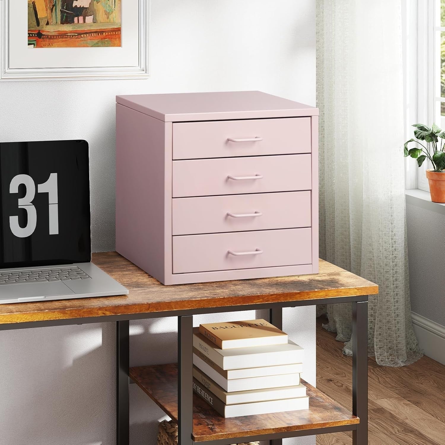 Pink Desktop A4 File Cabinet 4 Drawer Metal Office Storage Organizer
