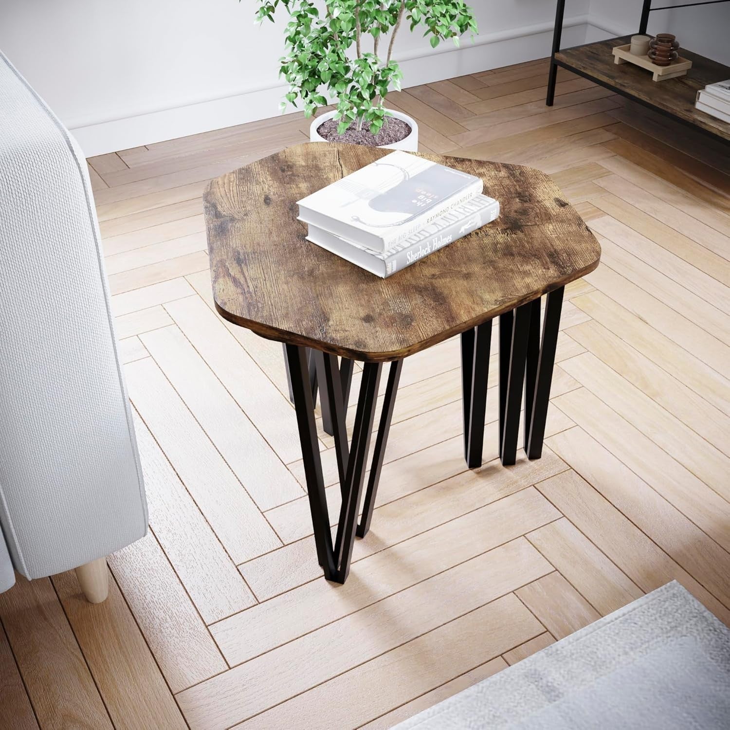 3 Nesting Coffee Tables Set Industrial Style Hexagonal Wood Metal Frame Side End