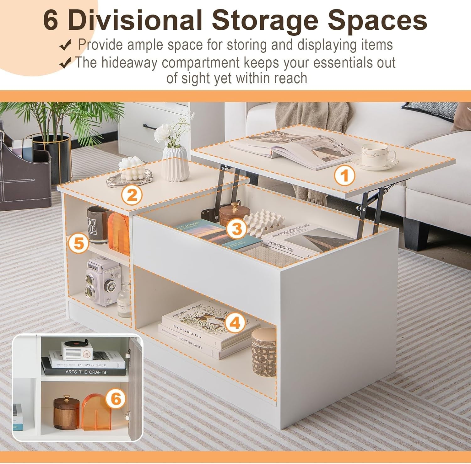 Lift-Top Coffee Table with Storage, Adjustable Height & Hidden Compartments