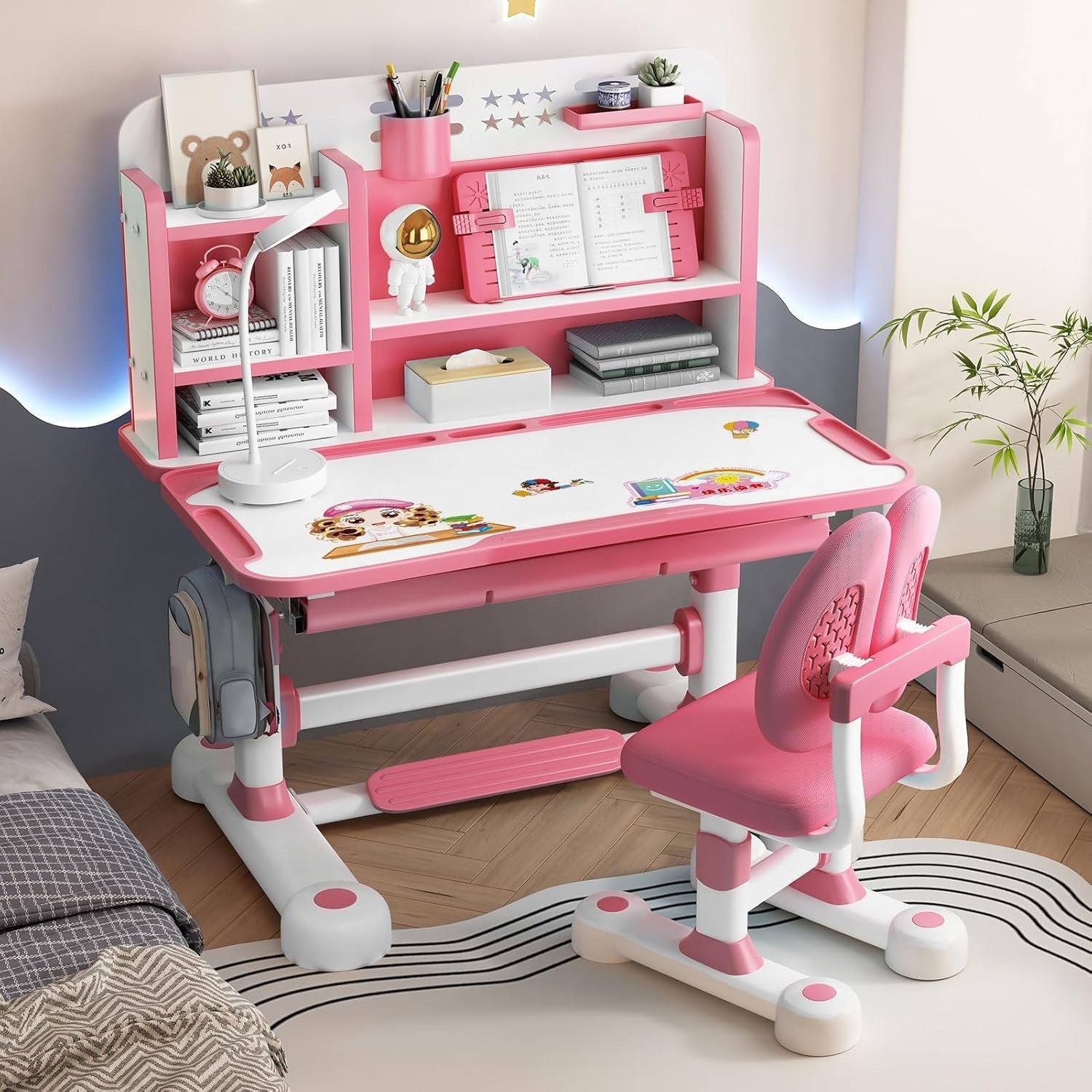Kids Adjustable Study Desk & Chair Set w/ Drawer Ergonomic Back Support Pink