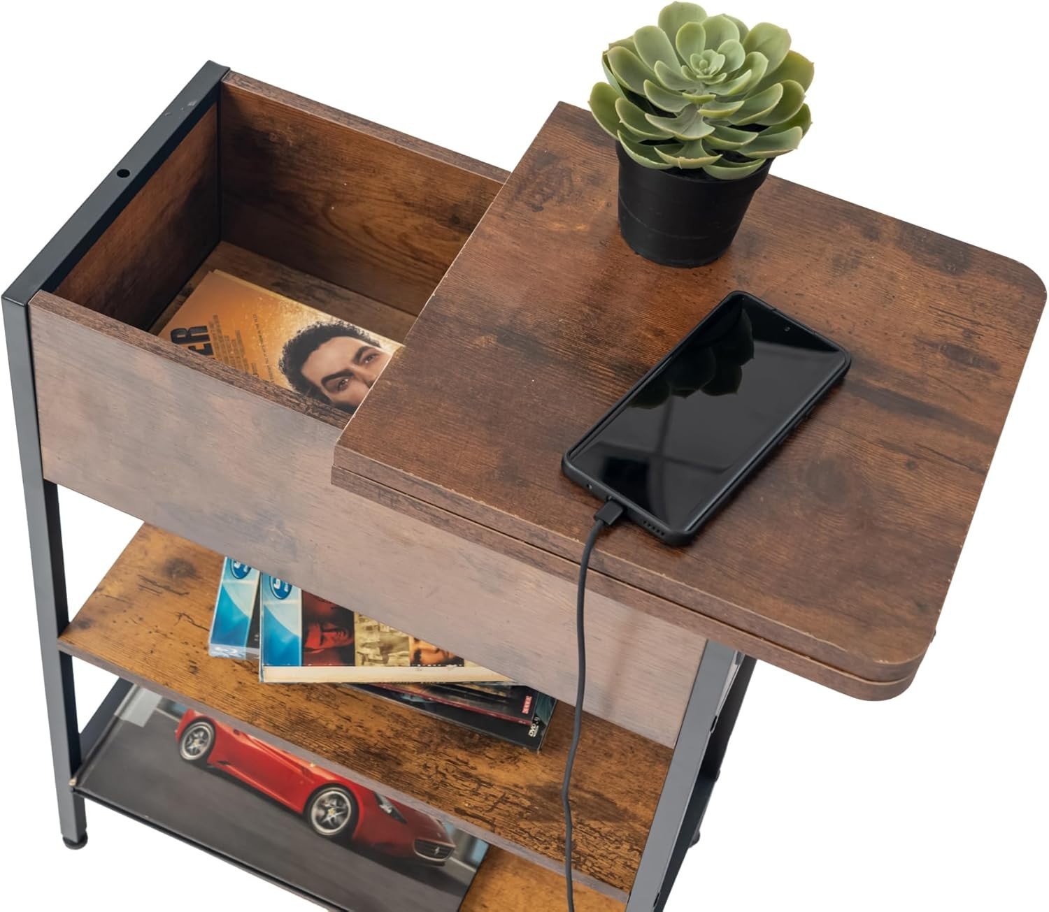 Slim Side Table with USB Ports Power Outlets & Storage, Industrial Brown