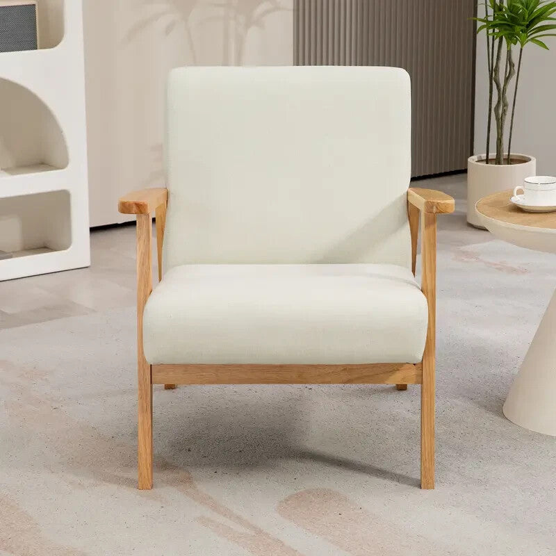 Cream Linen Accent Armchair with Wooden Frame for Living Room or Office