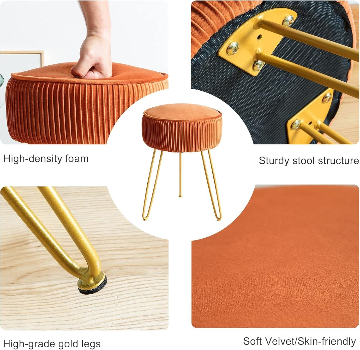 Pumpkin Brown Pleated Velvet Vanity Stool Round Ottoman with Gold Legs