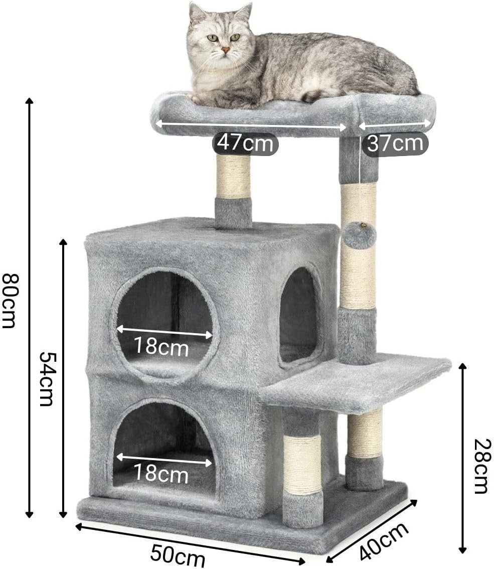 Cat Tree with 2 Condos Scratching Posts Plush Bed 80cm Light Grey