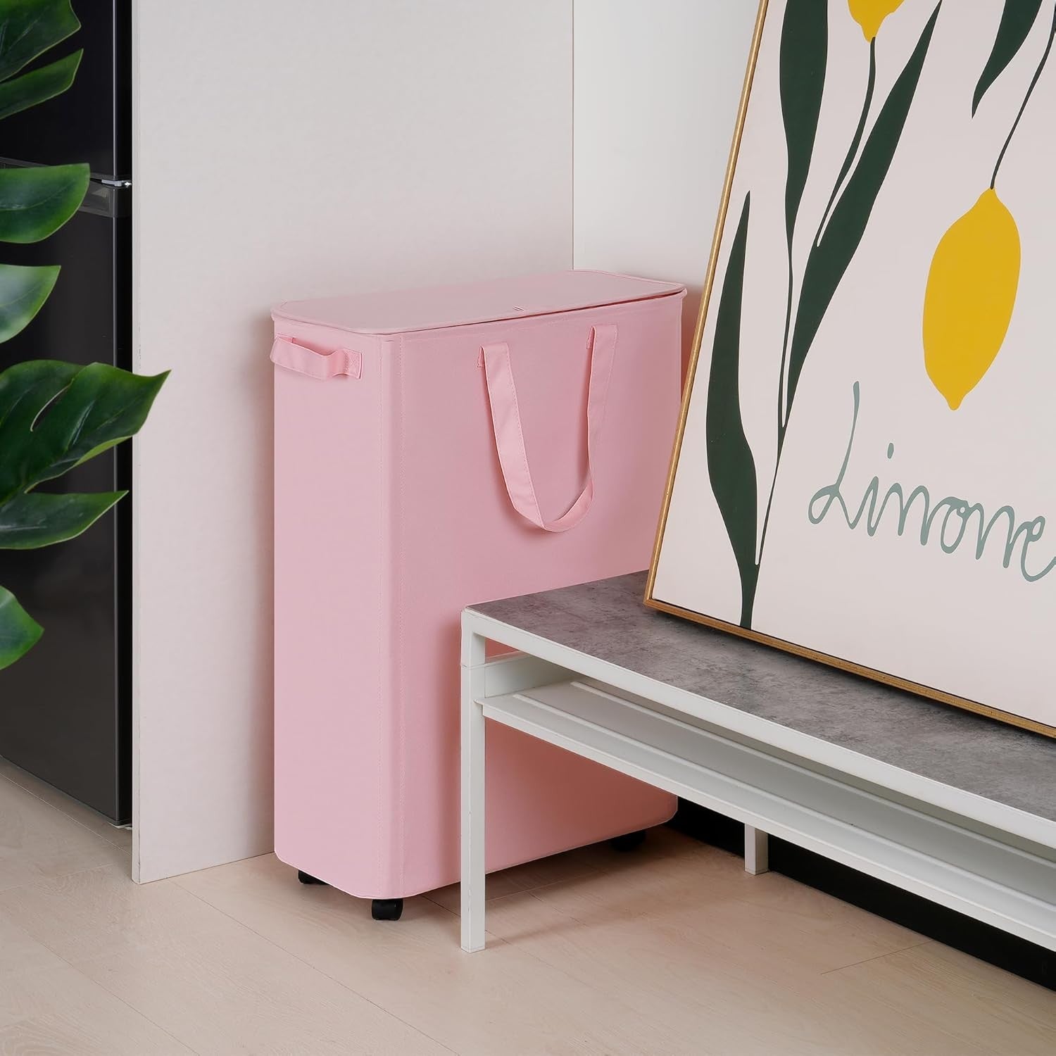 Slim 75L Pink Laundry Hamper with Lid & Wheels – Tall Rolling Basket for Small S