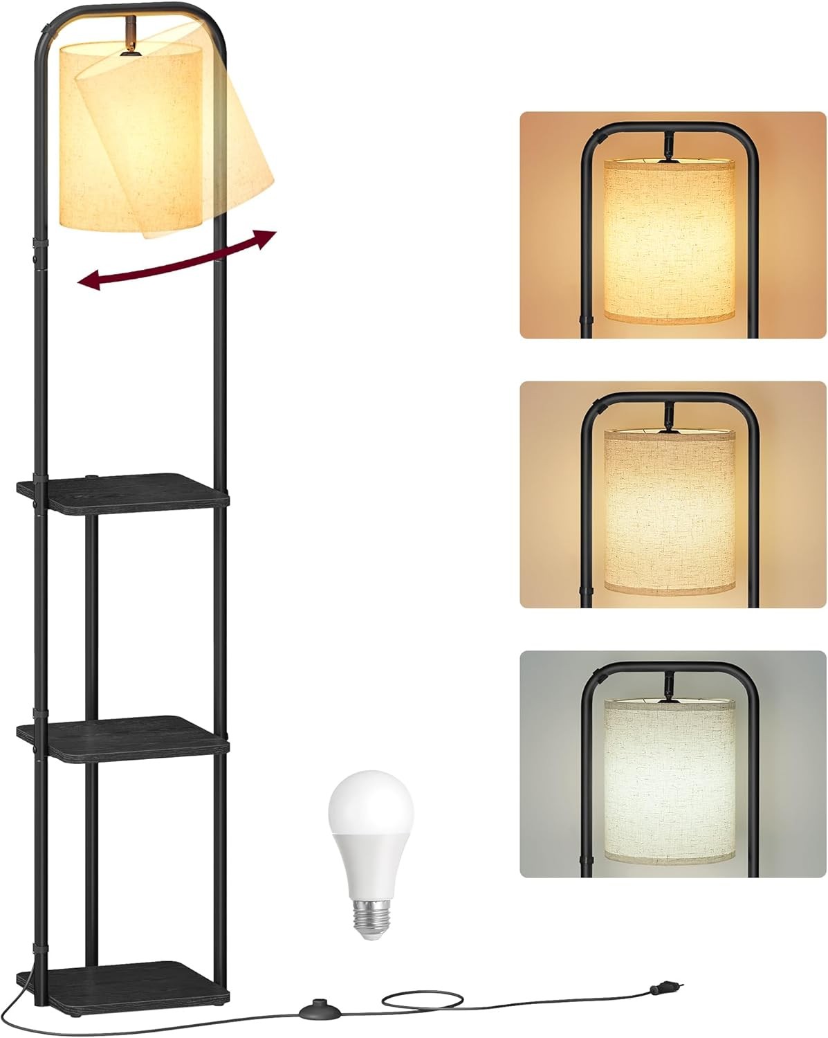 Floor Lamp with Shelves Storage Foot Switch Fabric Shade Modern Standing Light