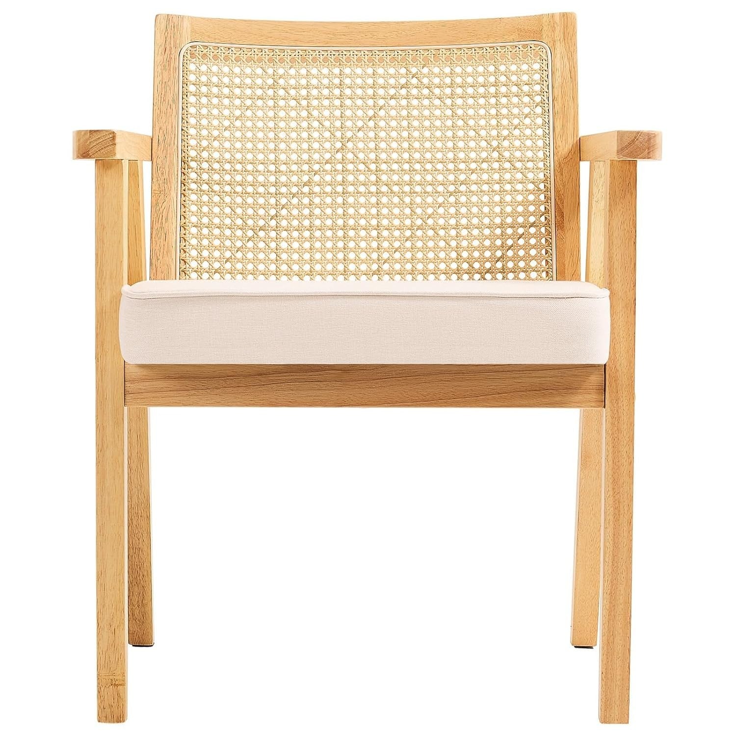 Rattan Armchair with Cushion Wooden Frame Modern Dining Lounge Chair Beige