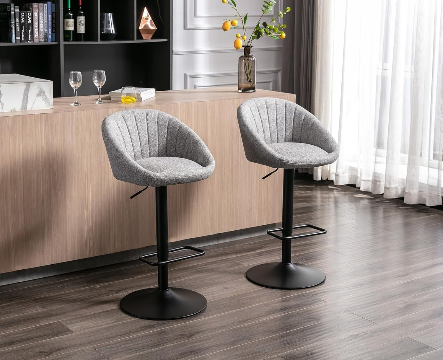 Set of 4 Grey Fabric Bar Stools Adjustable Swivel Counter Chairs