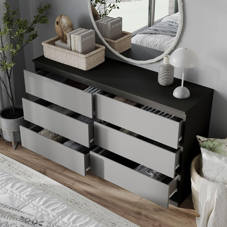 6 Drawer Chest Black Grey Storage Cabinet Bedroom Office Modern Unit