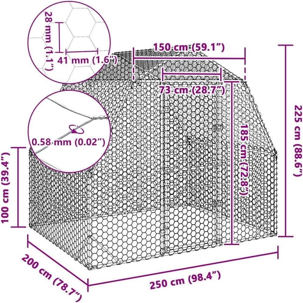 2.5x2x2.25m Walk In Chicken Run Galvanised Steel Coop