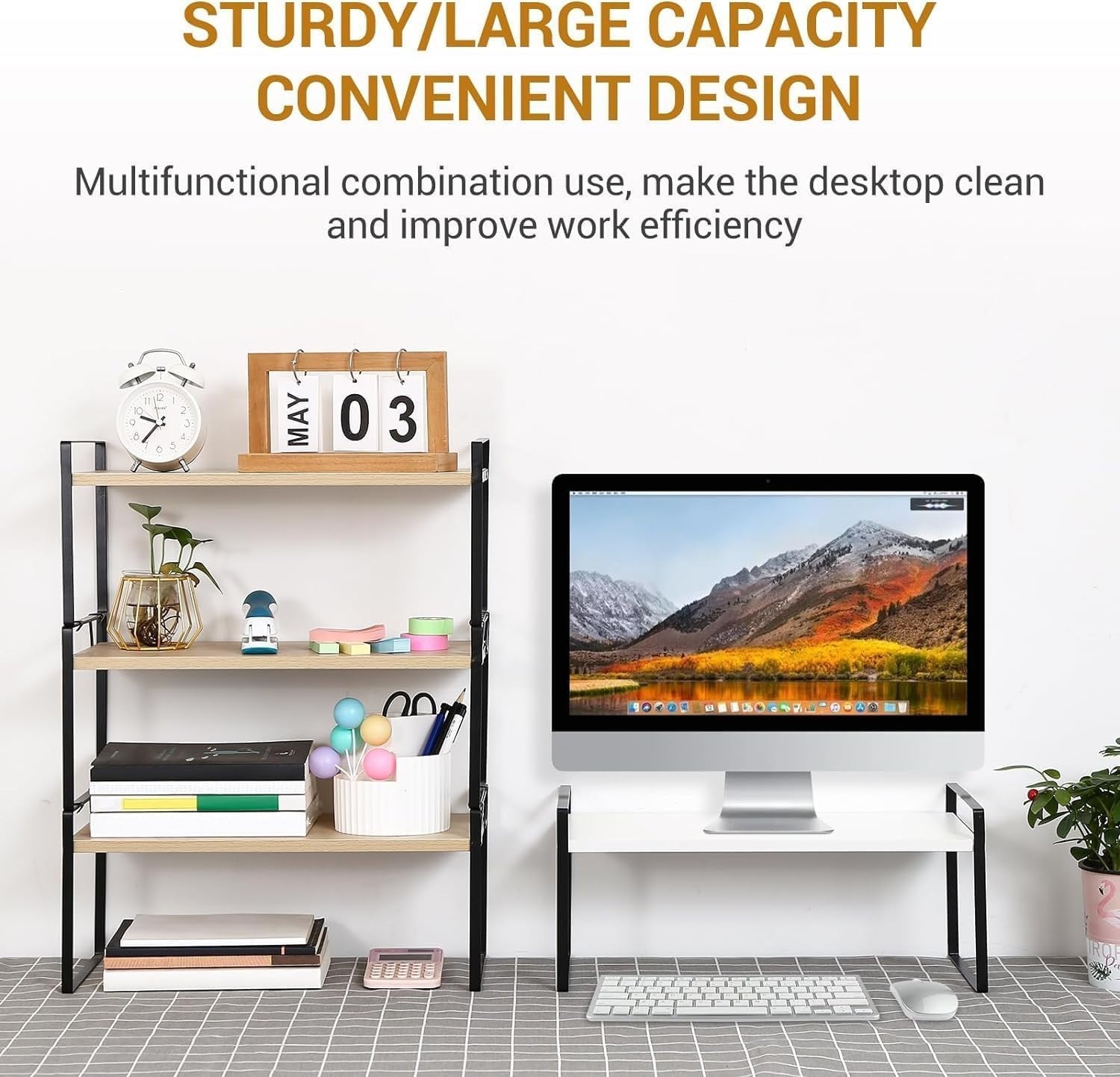Adjustable 2-Tier Wood Desk Shelf Organizer Freestanding Desktop Storage Rack