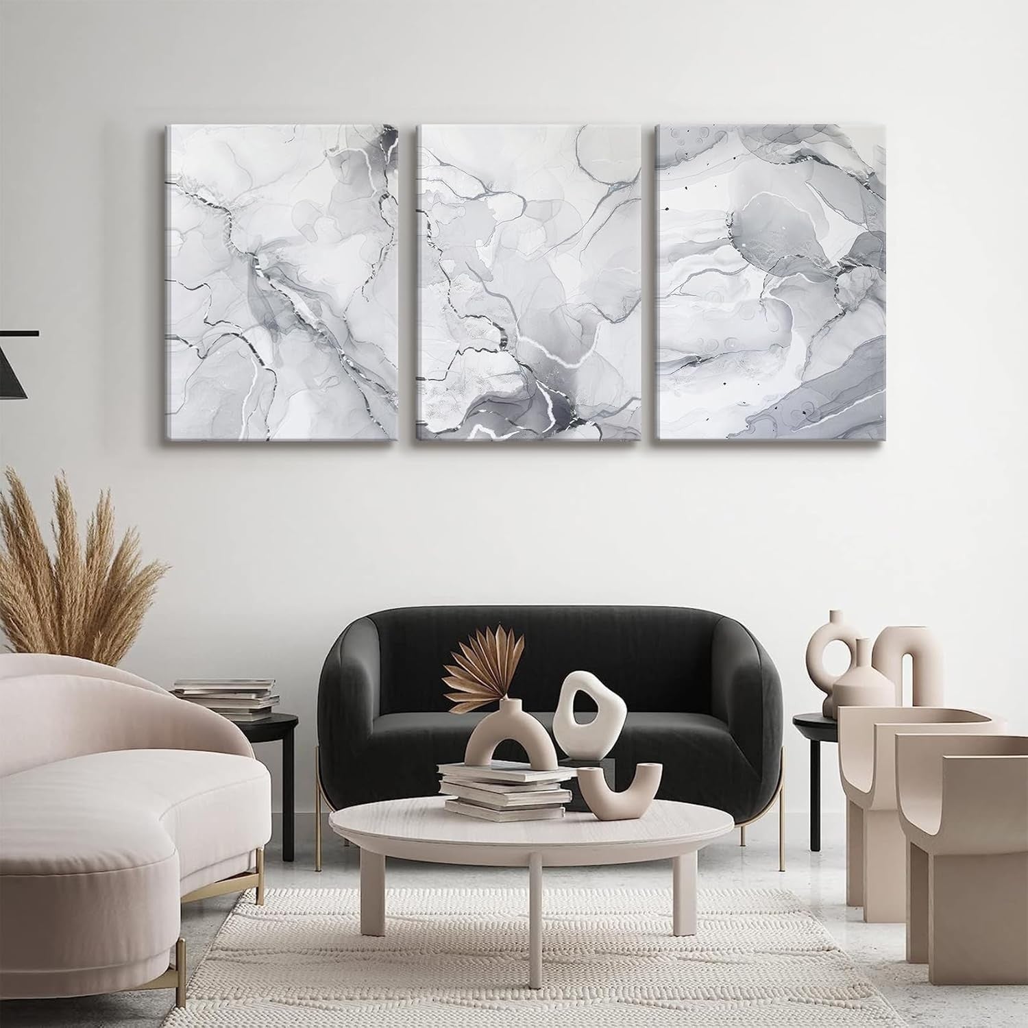 Grey White Marble Canvas Wall Art Set of 3 12x16in Abstract