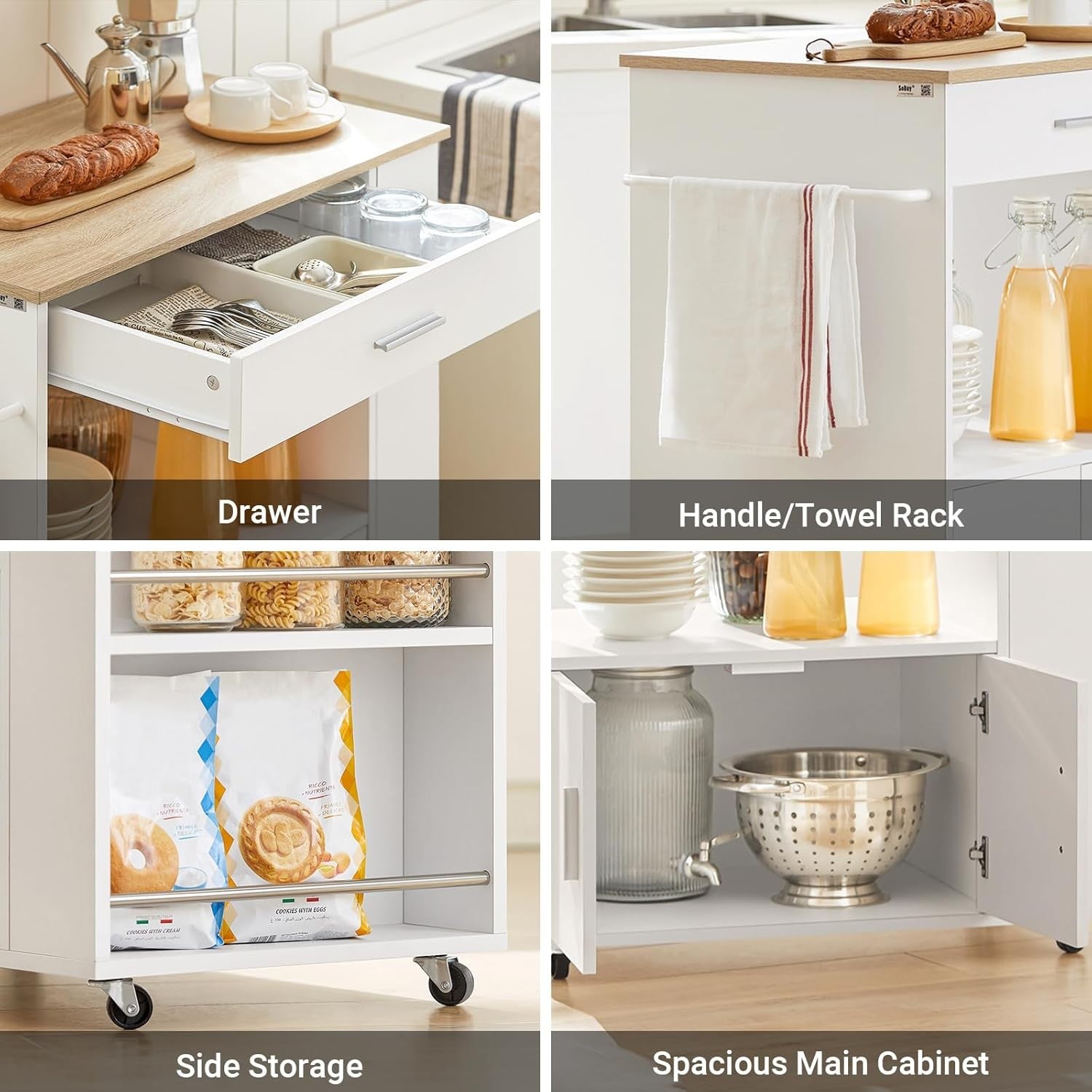 Kitchen Island Cart on Wheels Storage Trolley Drawer Cupboard Butcher Top