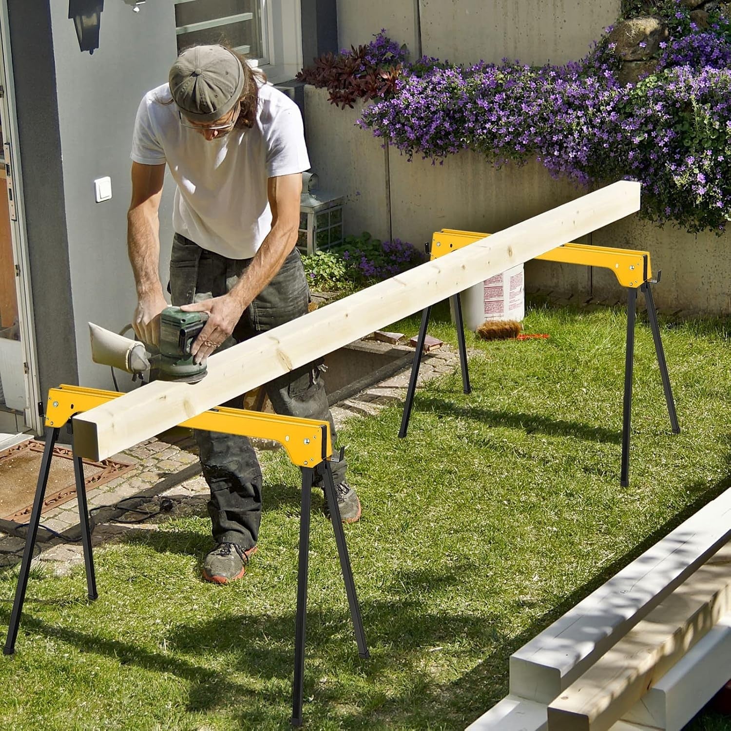 Folding Sawhorse Twin Pack Heavy Duty 454kg 2x4 Support Arms Yellow 92x48
