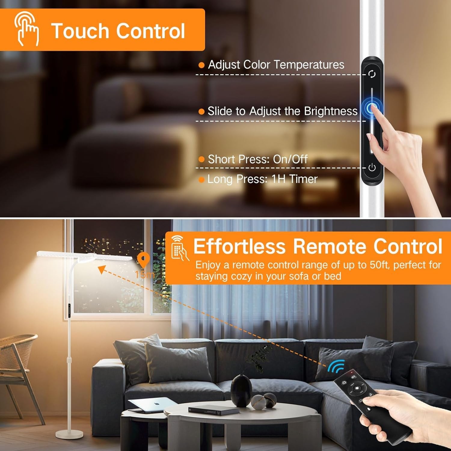 Double Head LED Floor Lamp Dimmable Remote Touch Adjustable Reading