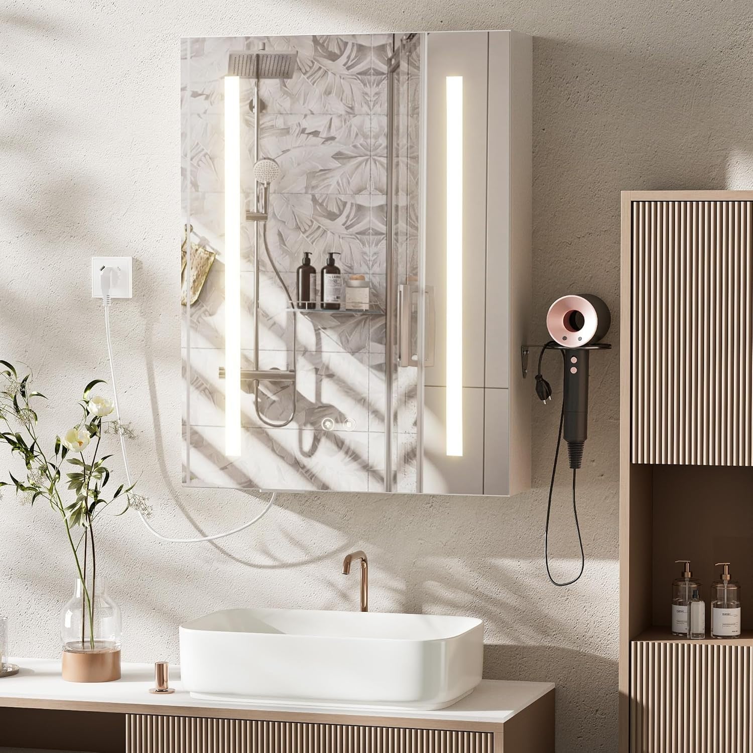 LED Bathroom Mirror Cabinet 60x80cm Wall Unit Demister Light Socket
