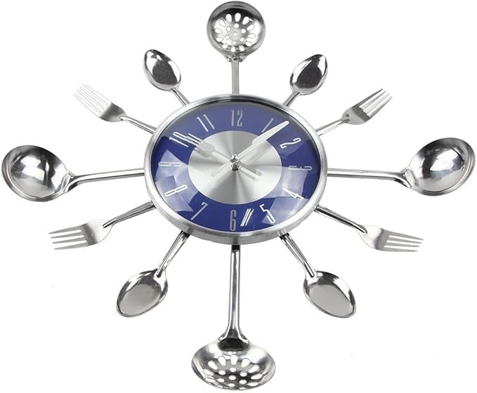 18" Cutlery Wall Clock Blue Modern Kitchen Spoon Fork Silent 45cm Decor
