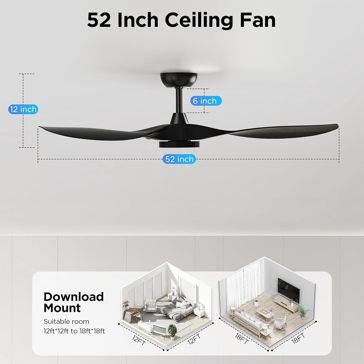 Roomratv 52" Ceiling Fan with Light, 6-Speed DC Motor, Dimmable, Black