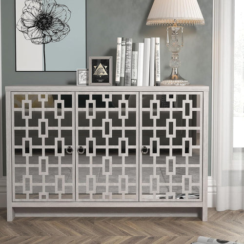Modern Mirrored Sideboard Cabinet 3 Door Grey Oak Storage Unit Room