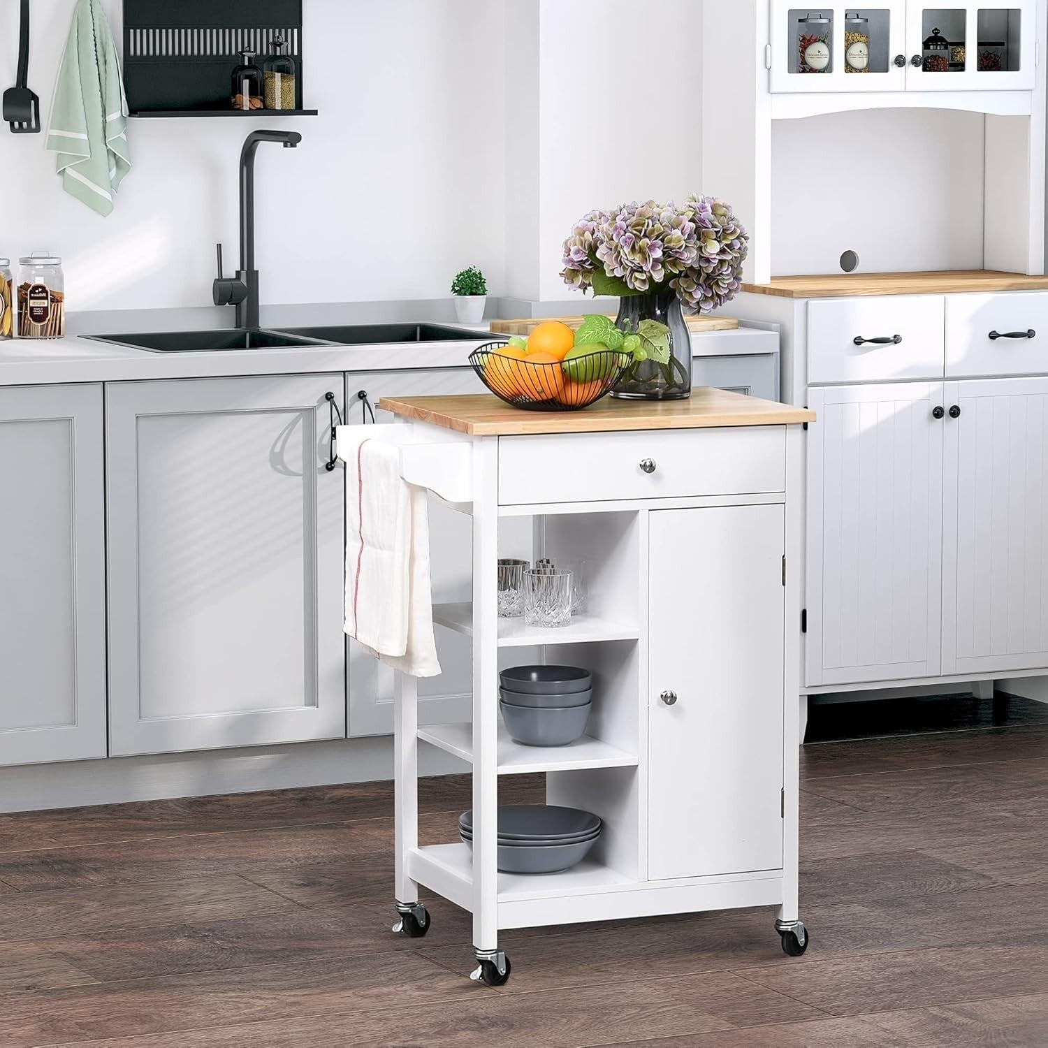 Kitchen Trolley on Wheels Wood Top Storage Cupboard White