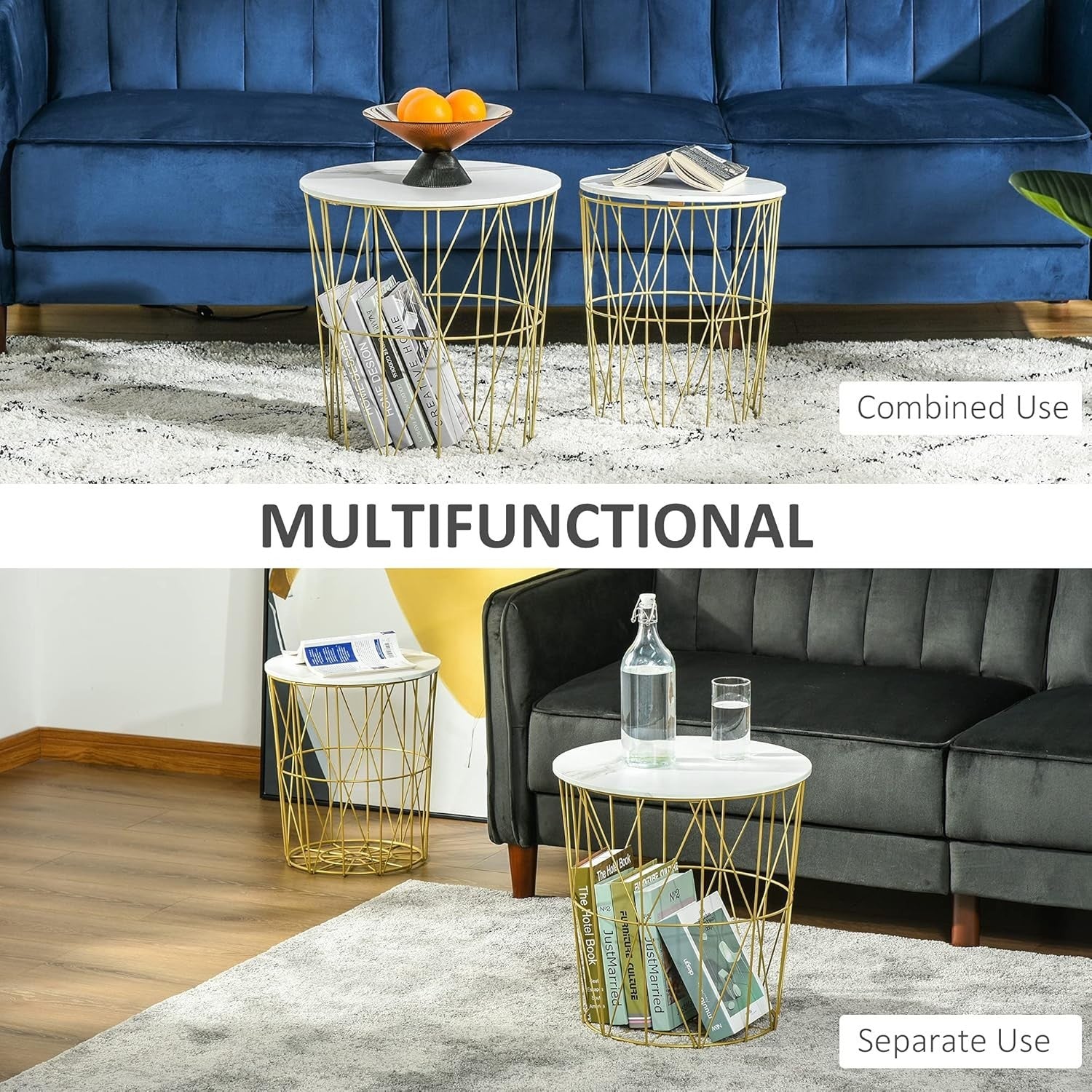 Set of 2 Gold Nesting Side Tables Round Coffee End Table Storage Marble Effect
