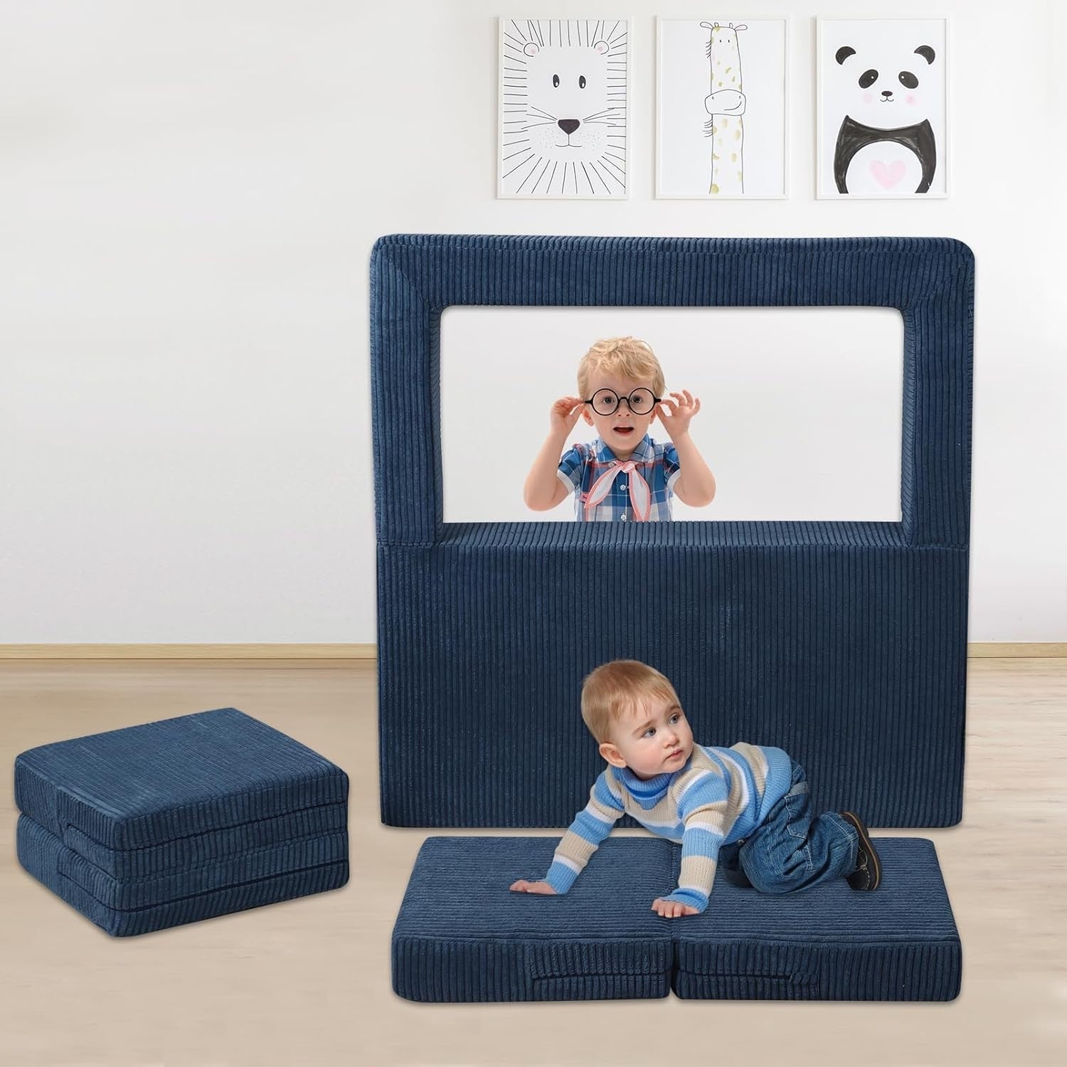 Kids Sofa Bed 2-Seater Foam Couch with Cushions, Versatile Play & Rest Blue