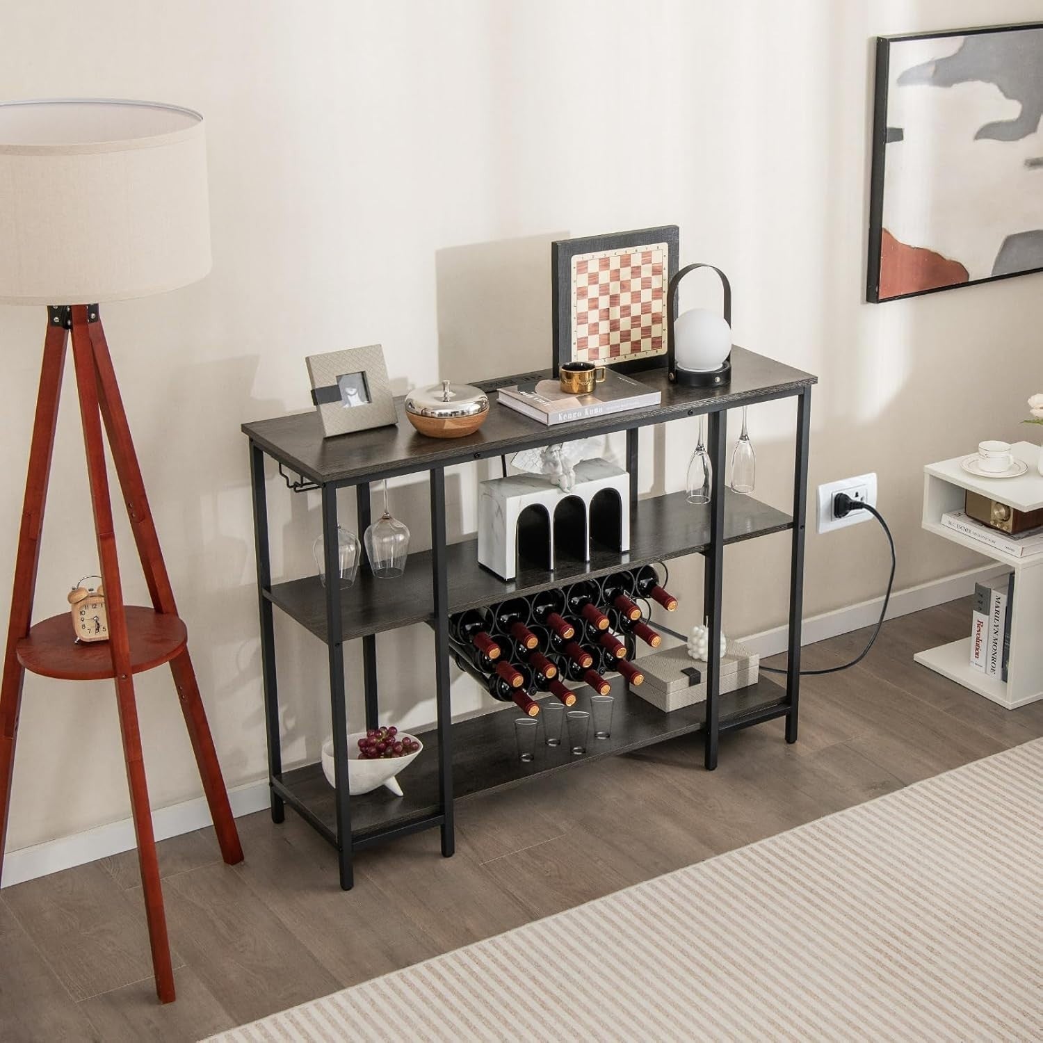 Wine Bar Cabinet with Tabletop, 15 Bottle Rack, Shelves & Charging Ports – Grey