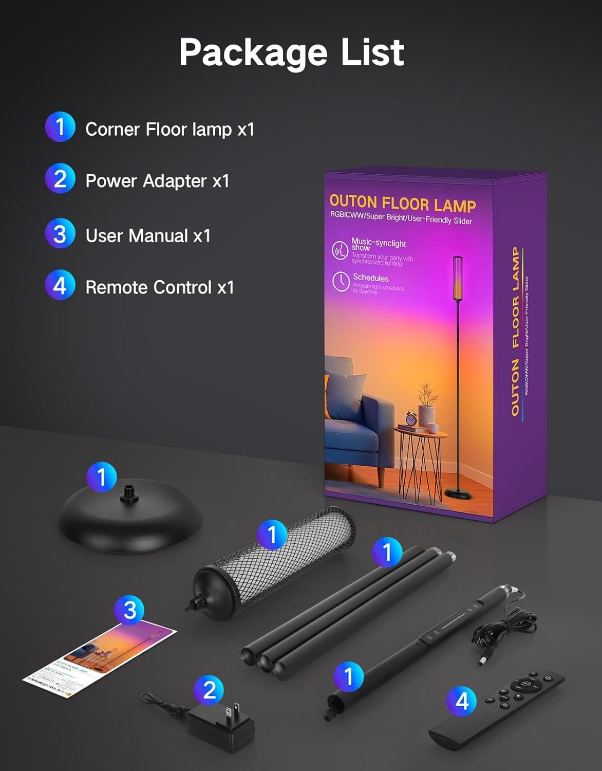 RGB Corner Floor Lamp Smart LED Dimmable App Remote Music