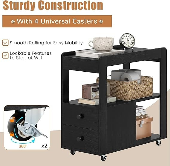 Slim Rolling Bedside Table with Drawers & Shelves – Modern 3-Tier Nightstand