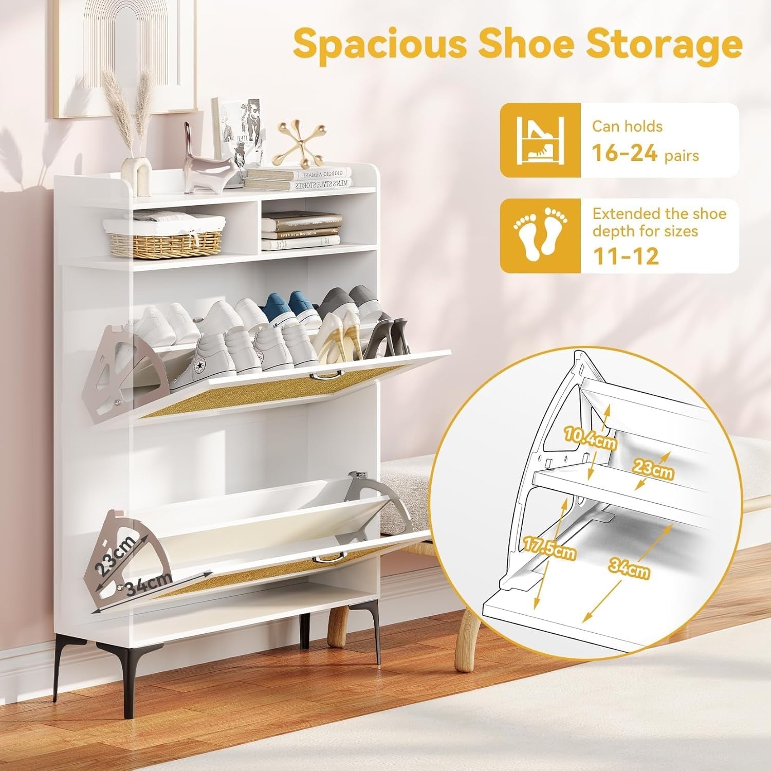 Slim Rattan White Shoe Cabinet with Flip Drawers & Open Shelves 80x24x114cm
