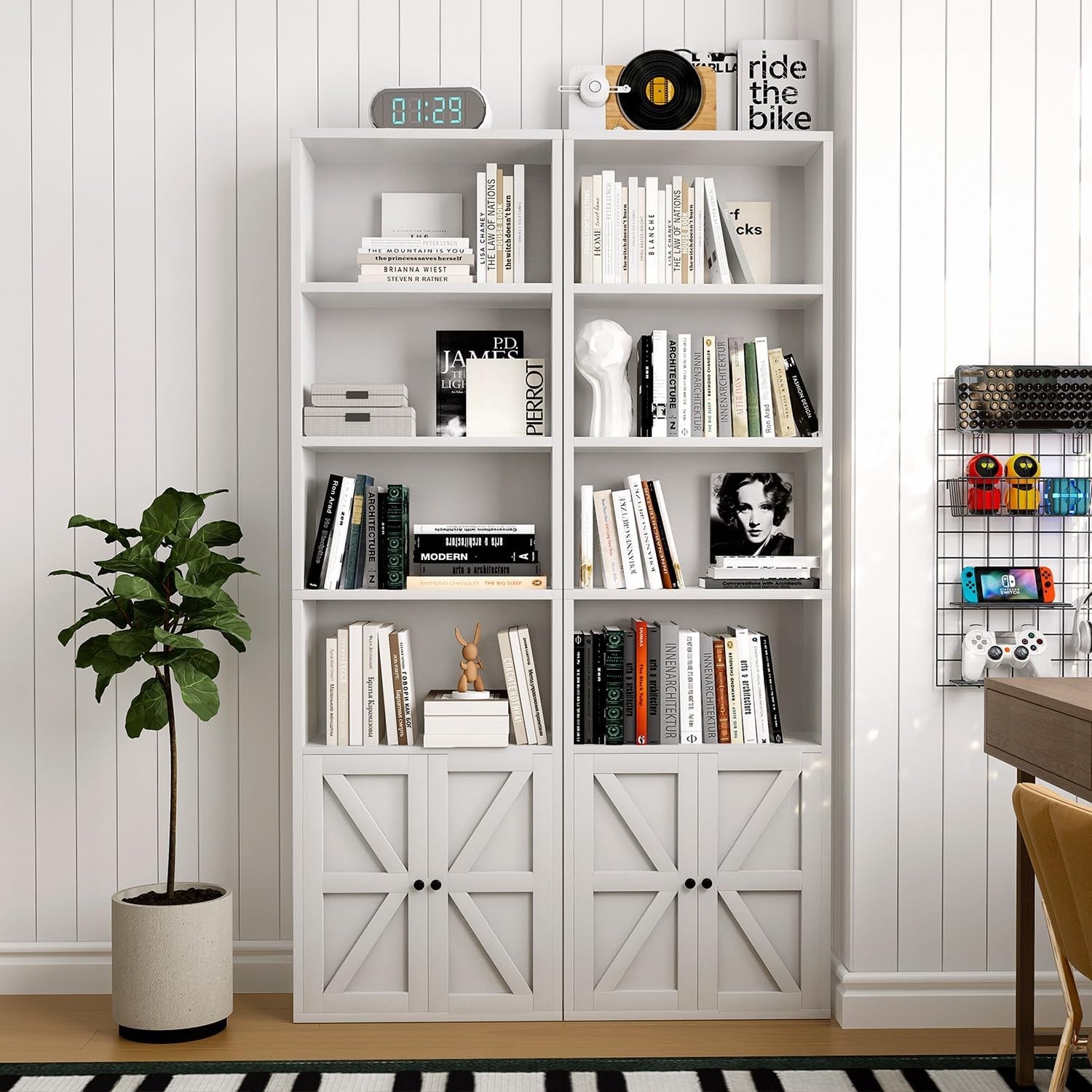 Tall White 6-Tier Bookcase with Cabinet Doors Modern Storage Display Unit 181cm