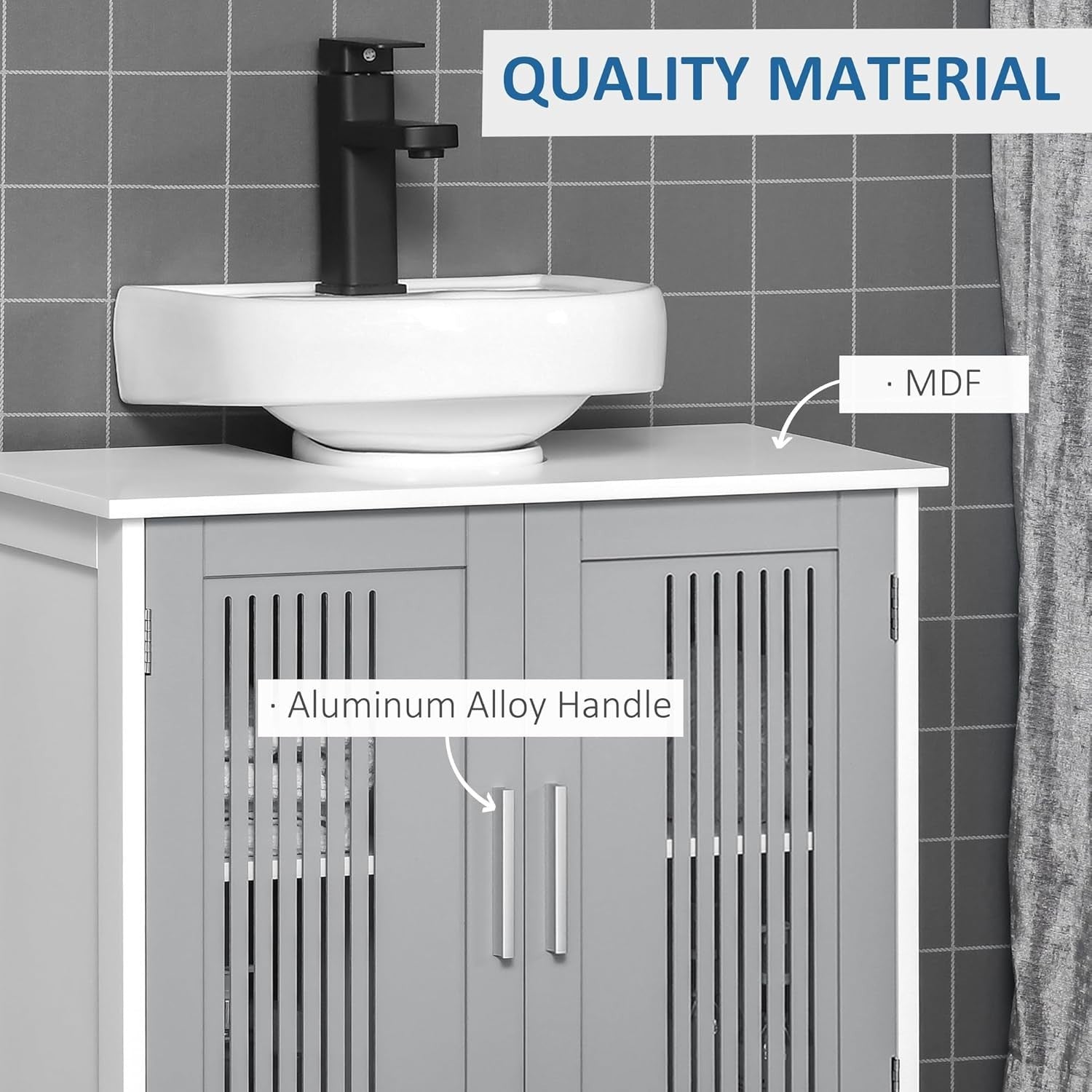 Grey Under Sink Bathroom Cabinet Storage Unit 2 Door Vanity Shelf 60x60cm