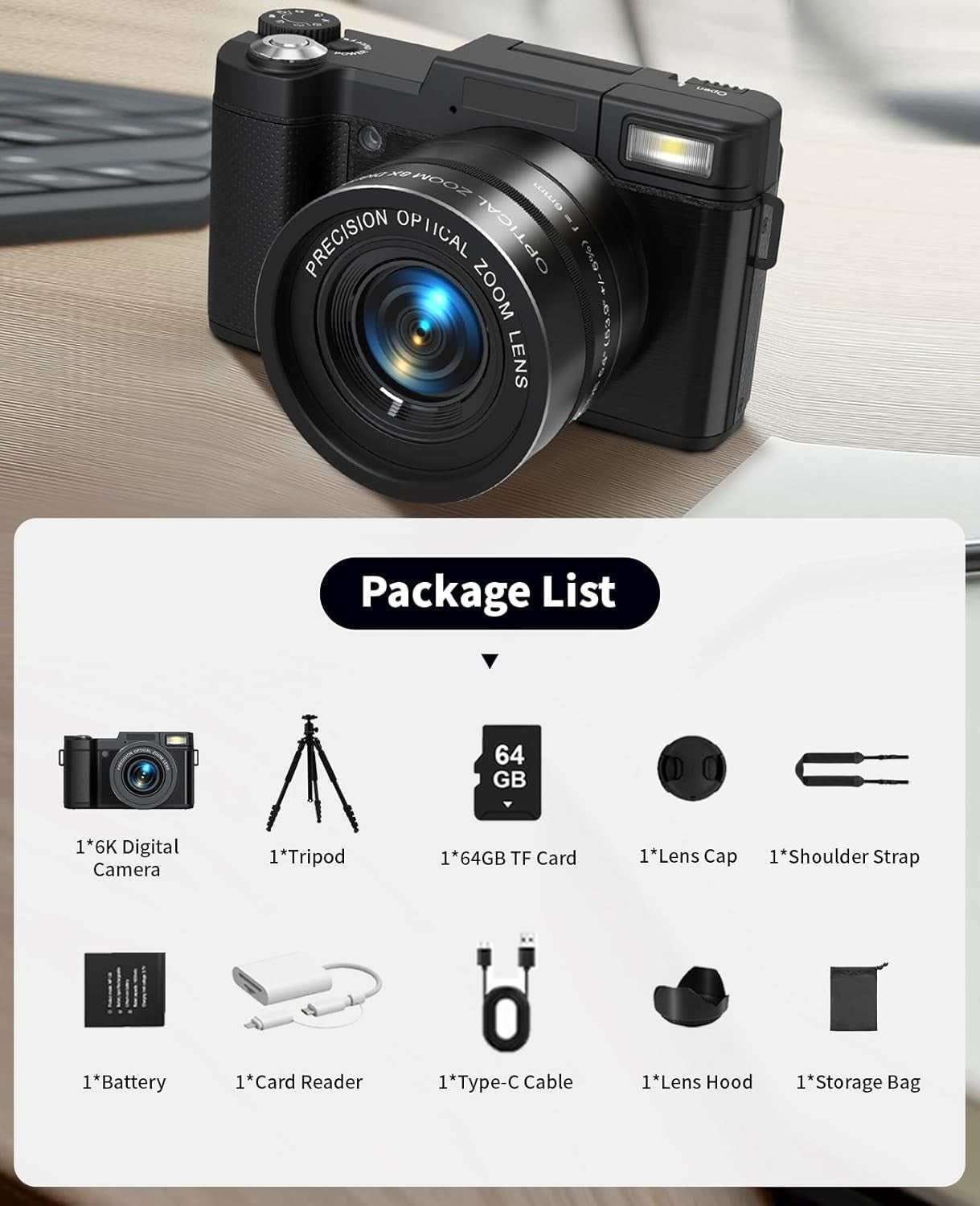 75MP 6K Digital Camera 8X Optical Zoom Flip Screen Vlogging Kit Tripod