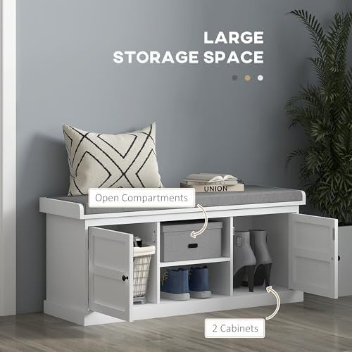 White Shoe Storage Bench with Cushion & 2 Cabinets – Modern Hallway Seat