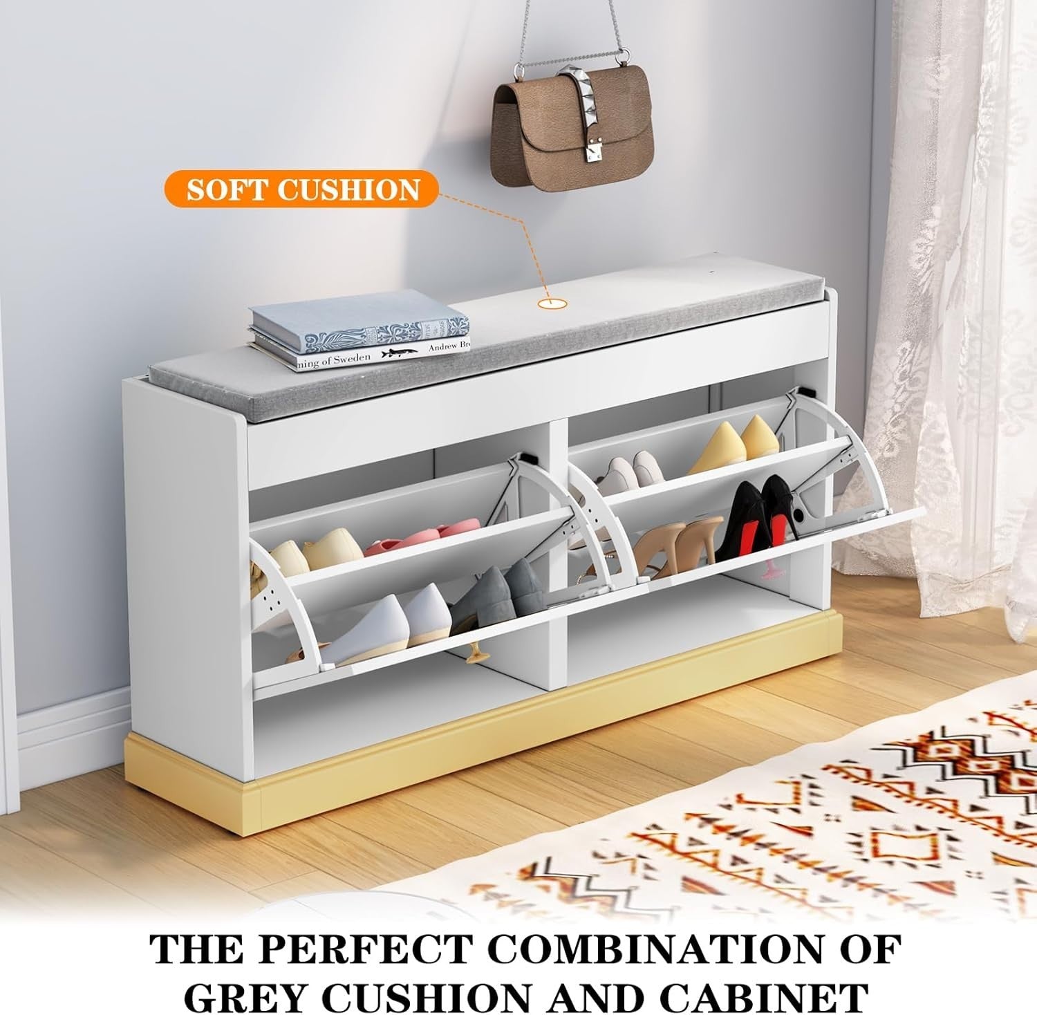 White Shoe Bench with Cushion & Flip Drawer Hallway Storage 99.6x27.2x49.5cm