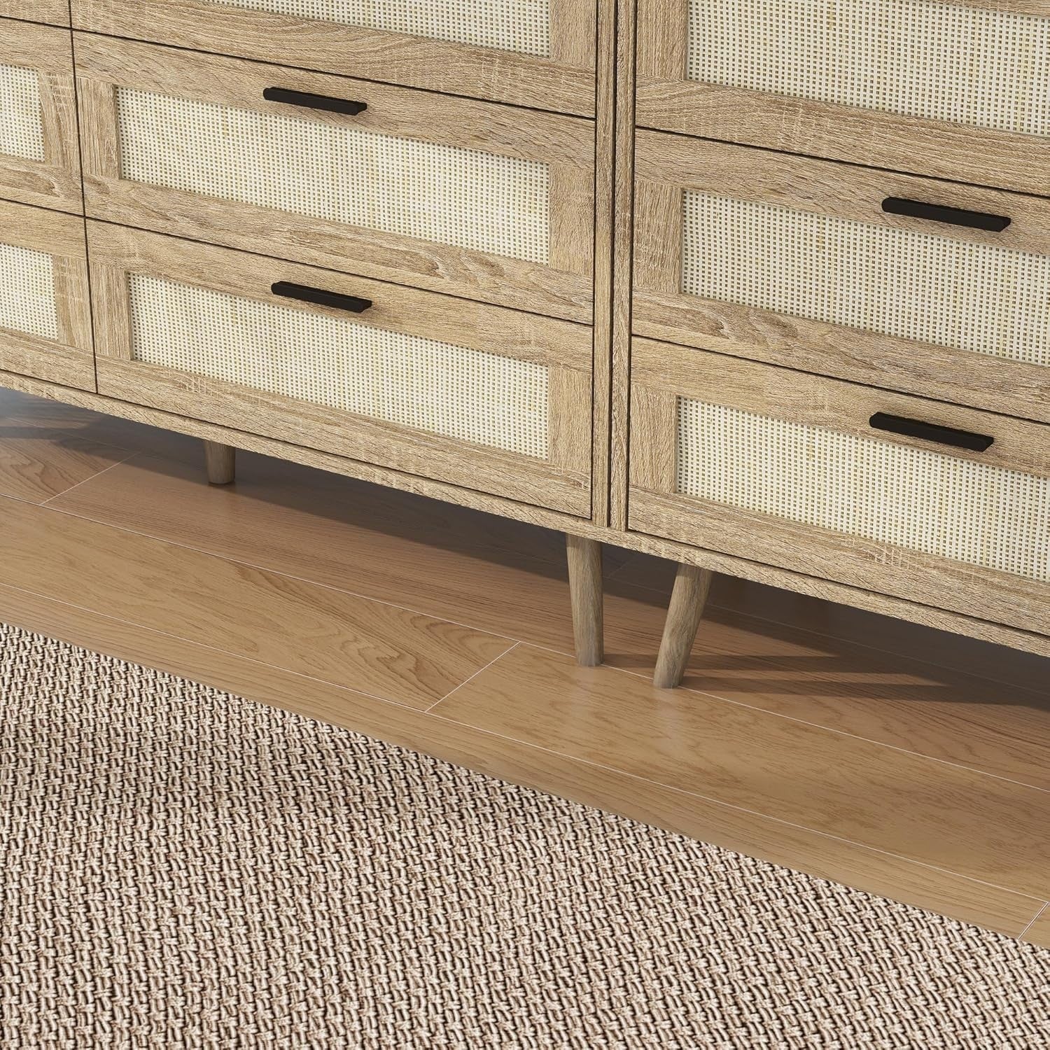 Rattan Chest of Drawers 6 Drawer Oak Wood Storage Cabinet Bedroom