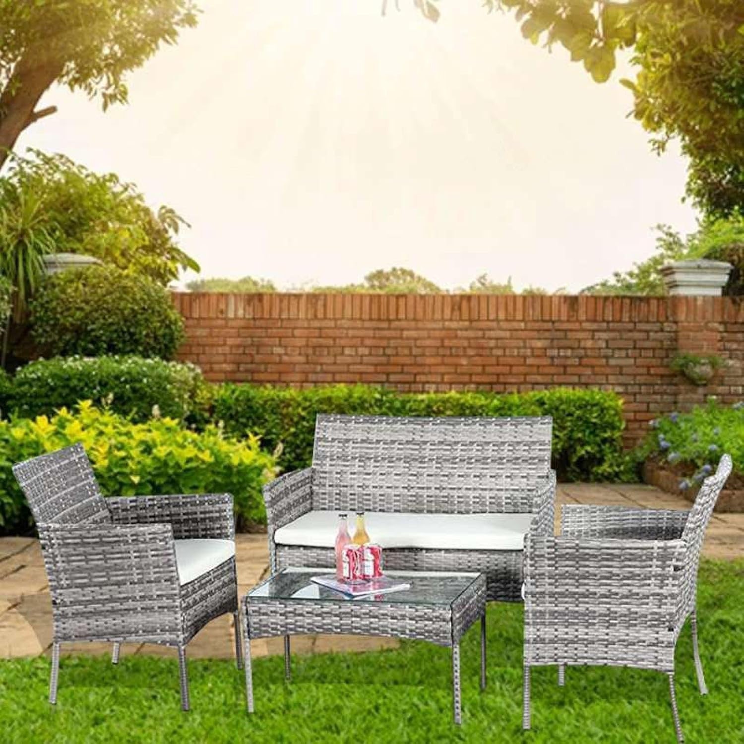 4-Piece Mix Grey Rattan Garden Patio Sofa Set with Tempered Glass Table