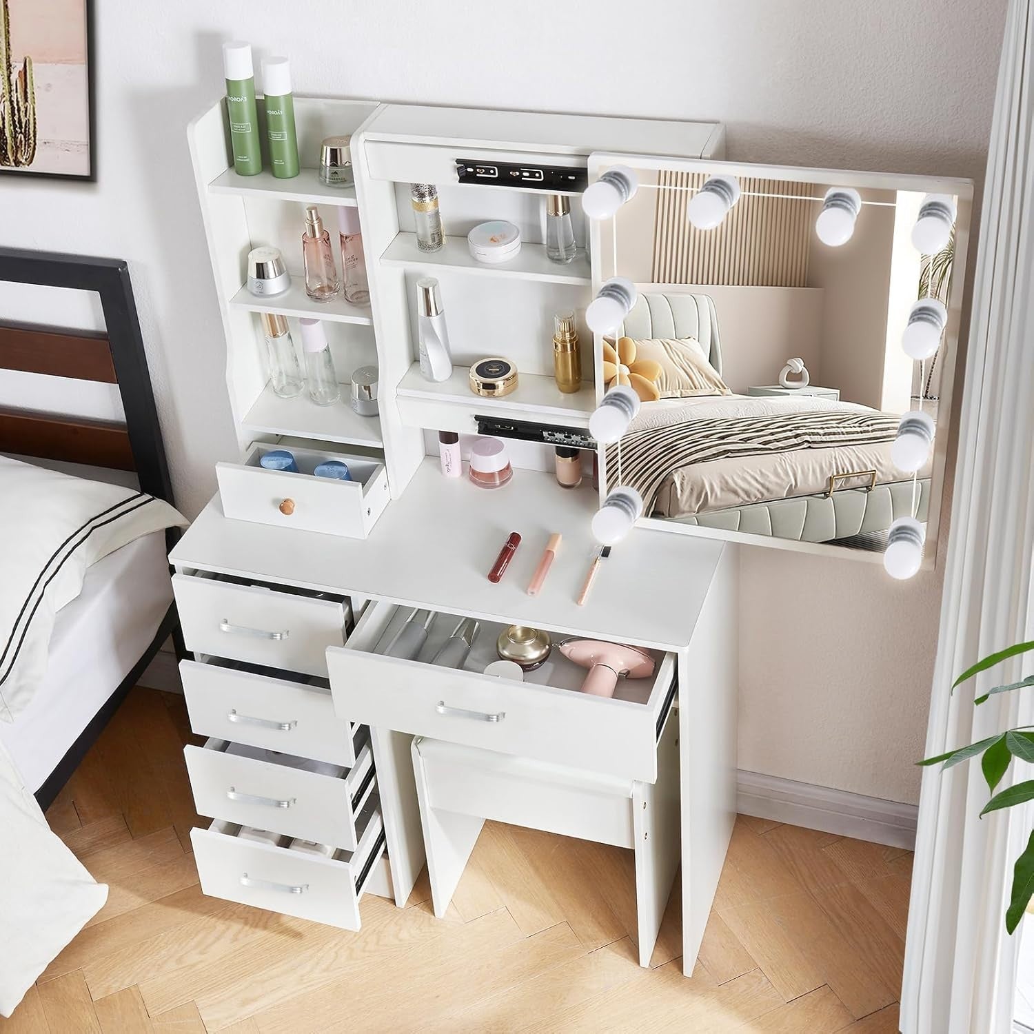 Vanity Makeup Dressing Table with 3-Color LED Mirror, 6 Drawers & Stool White