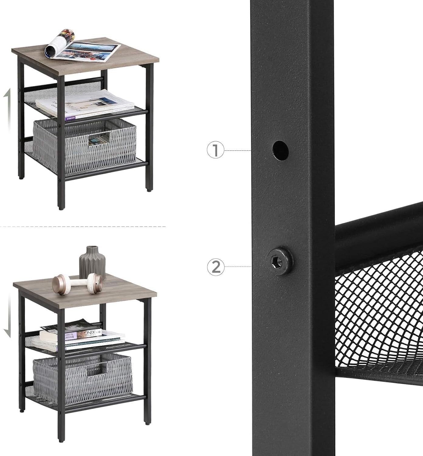 Industrial Side Table with Adjustable Mesh Shelves, Modern Bedside End Table