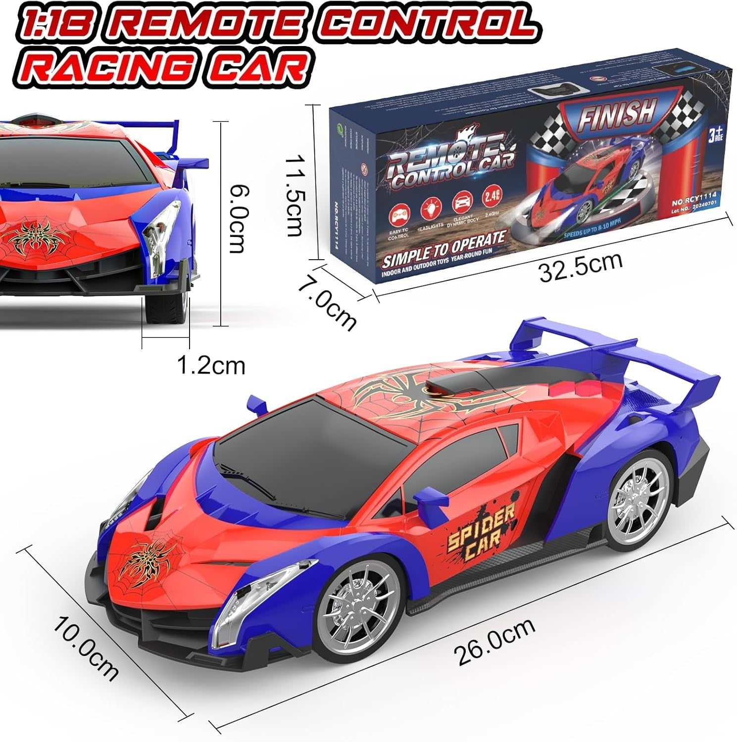 Spider Remote Control Car 1:18 2.4GHz Rechargeable Racing RC Toy Kids 3+