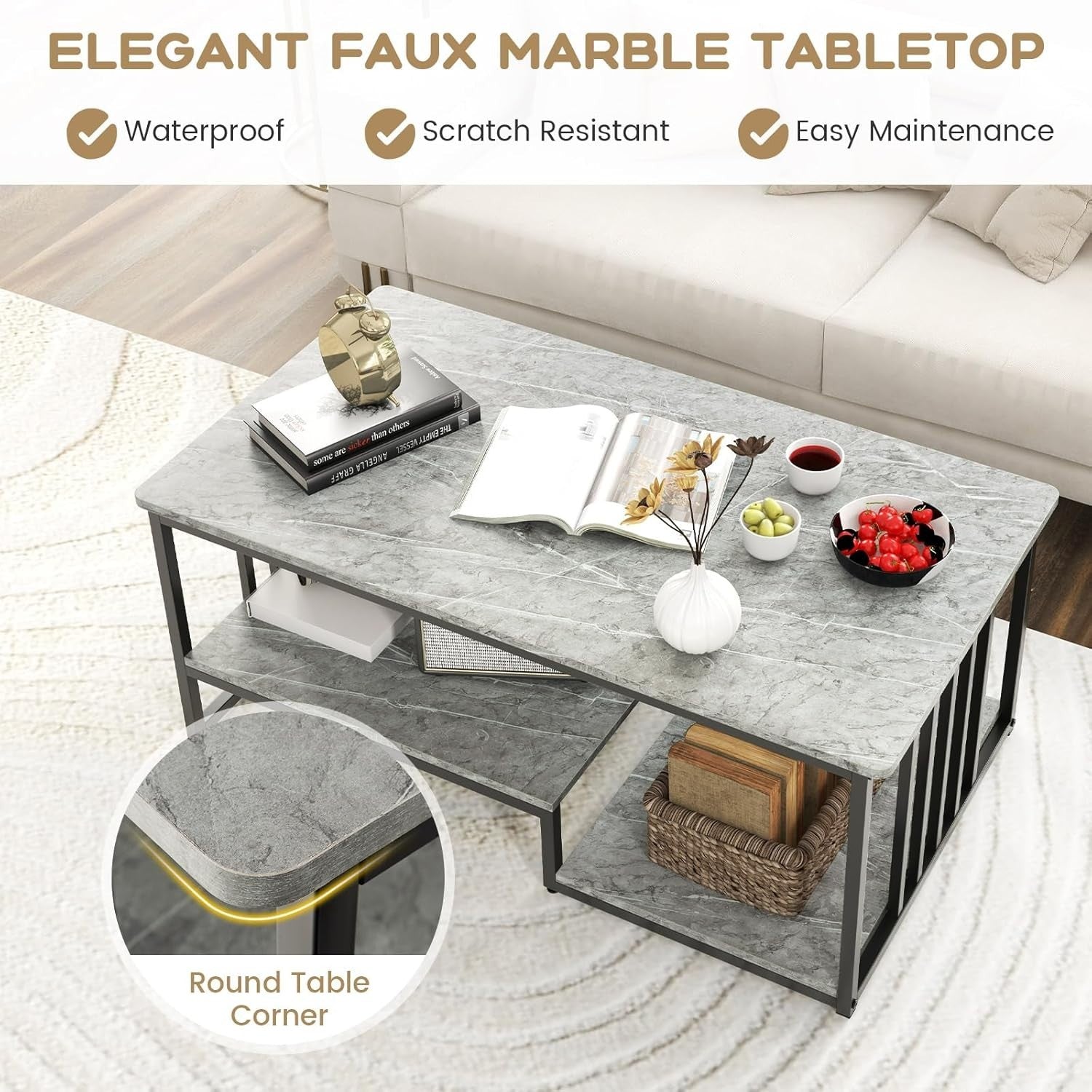Modern Faux Marble Coffee Table 2-Tier Storage Shelf Rectangular Living Room