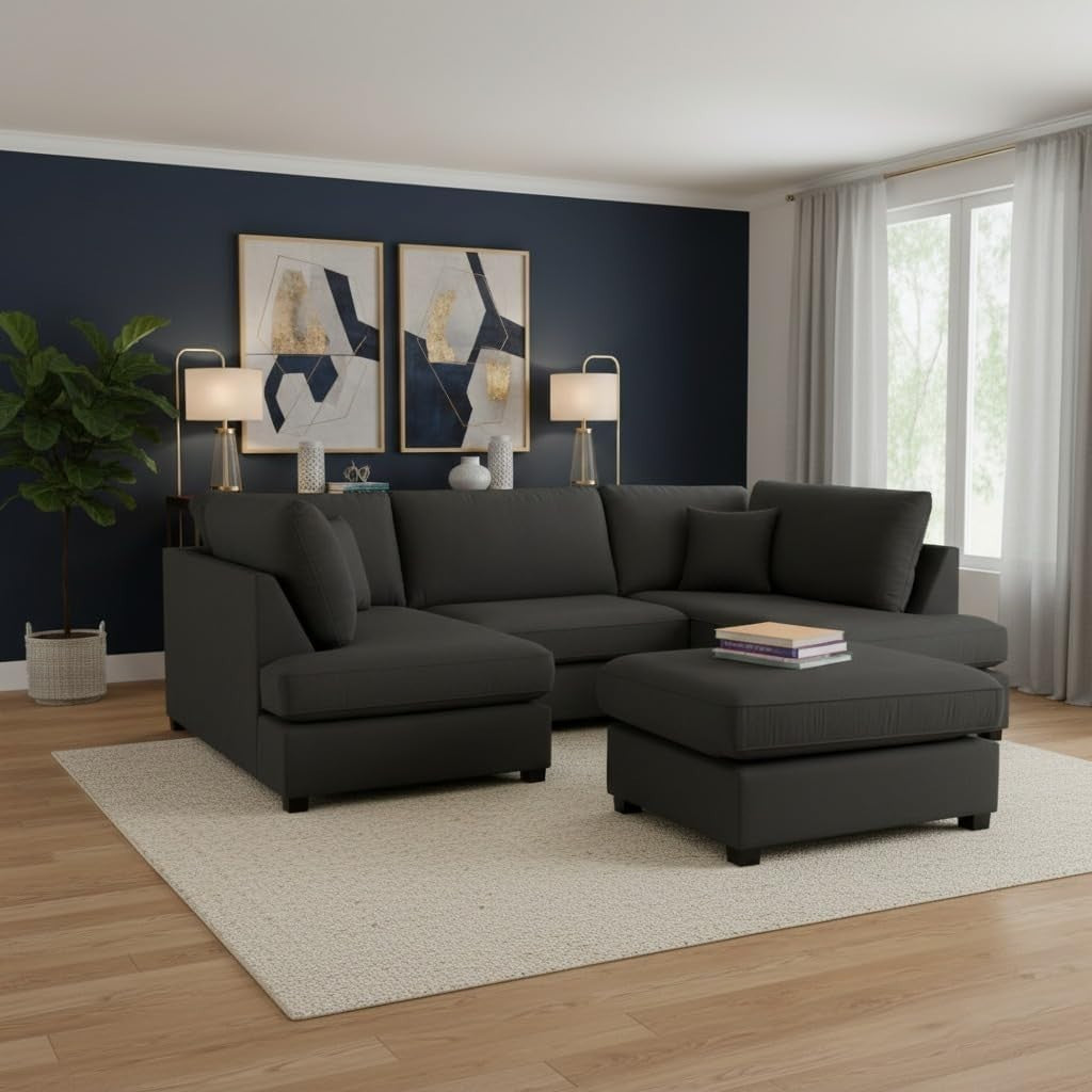 Black Velvet U-Shaped Modular 5 Seater Sofa - Cinema Corner + Footstool